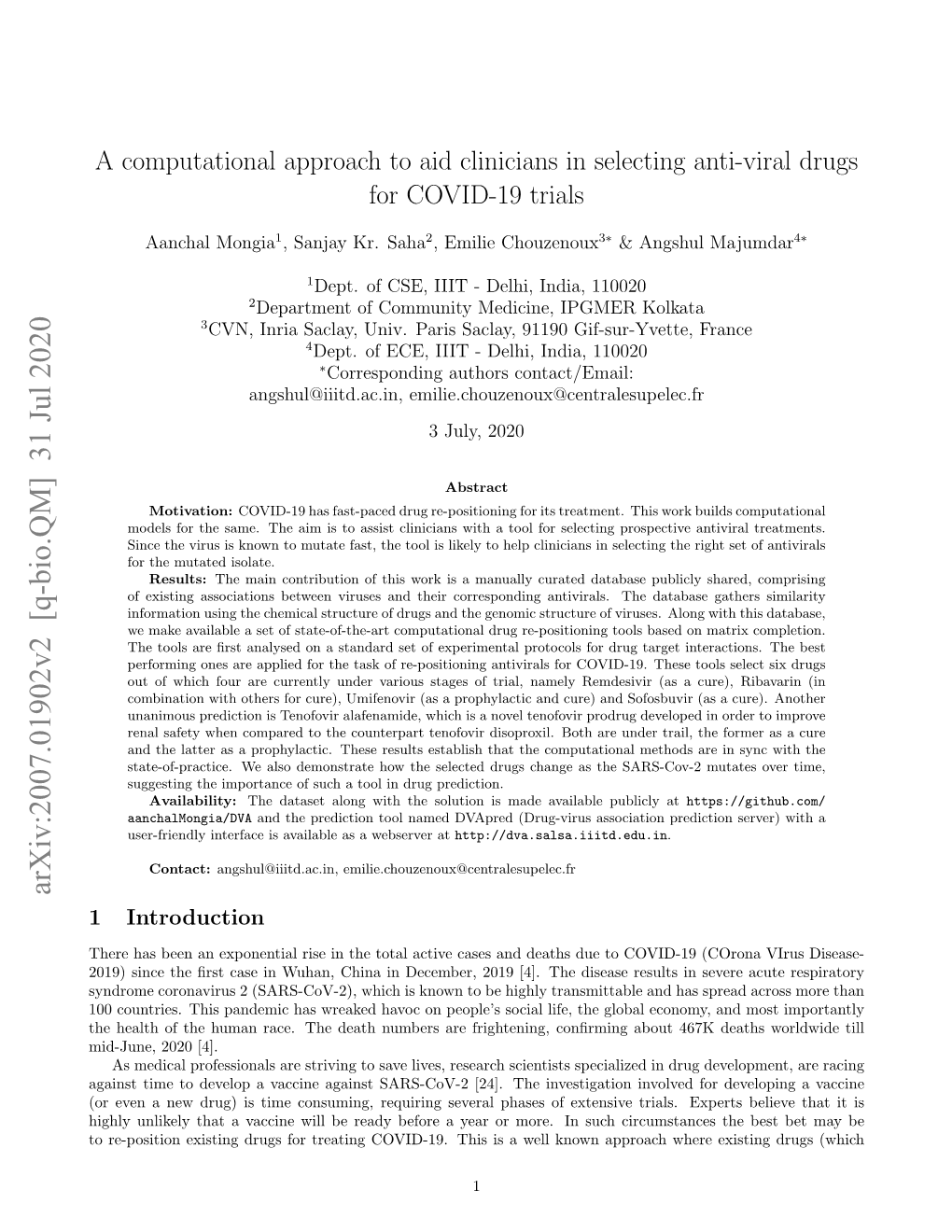 A Computational Approach to Aid Clinicians in Selecting Anti-Viral Drugs for COVID-19 Trials