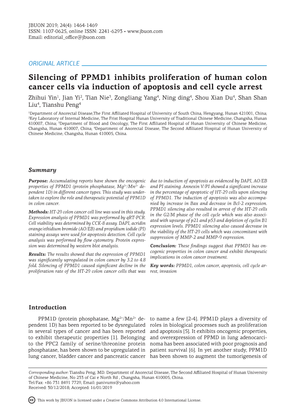 Silencing of PPMD1 Inhibits Proliferation of Human Colon Cancer