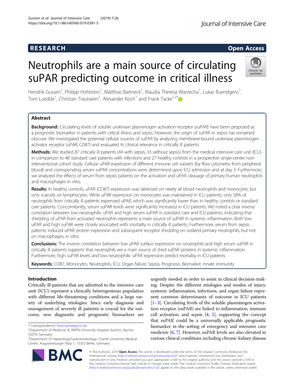 Neutrophils Are a Main Source of Circulating Supar Predicting