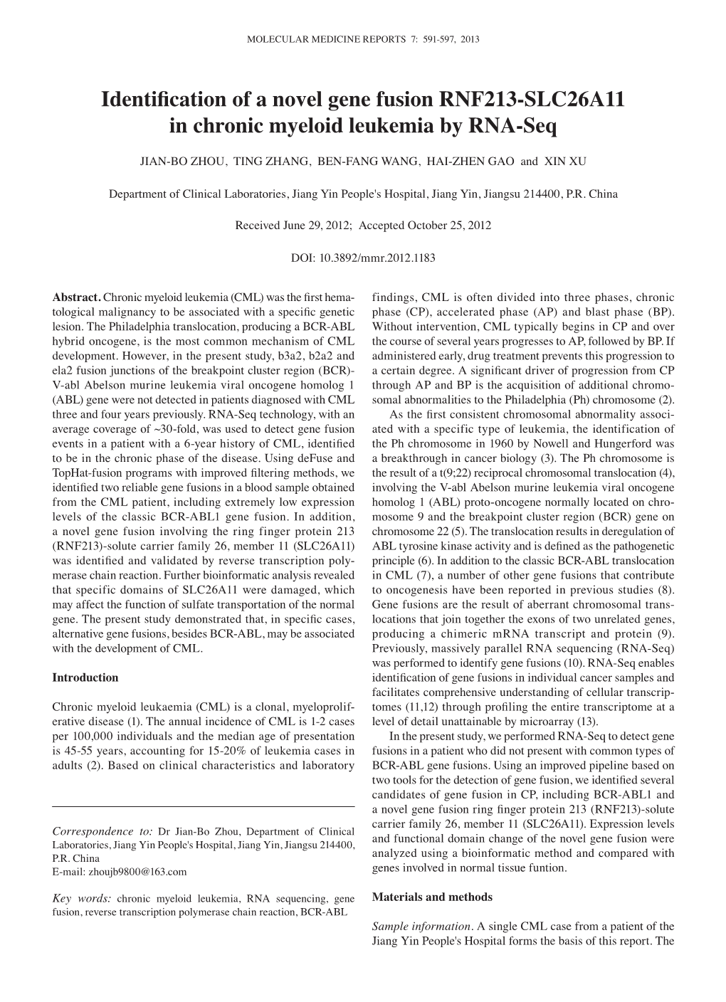 Identification of a Novel Gene Fusion RNF213‑SLC26A11 in Chronic Myeloid Leukemia by RNA-Seq