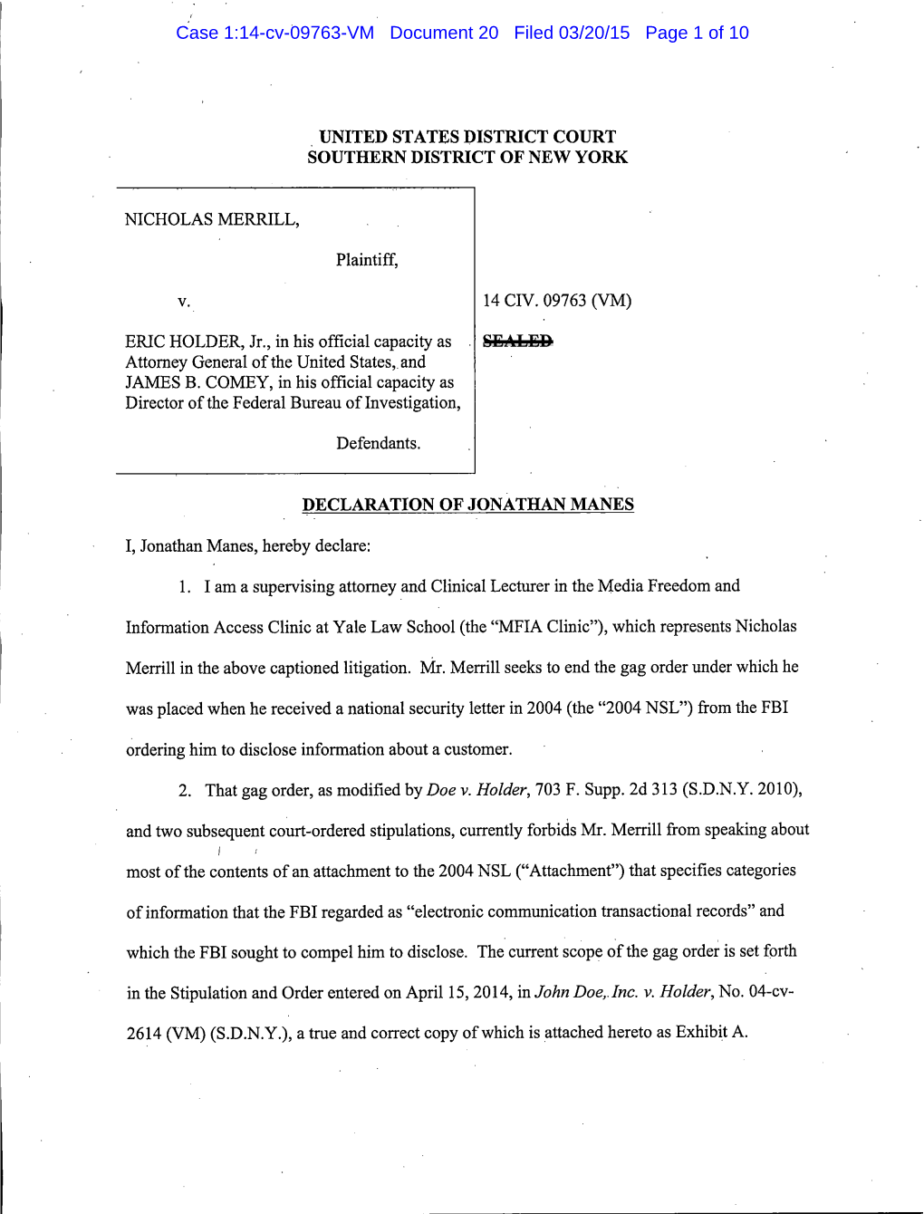 Case 1:14-Cv-09763-VM Document 20 Filed 03/20/15 Page 1 of 10