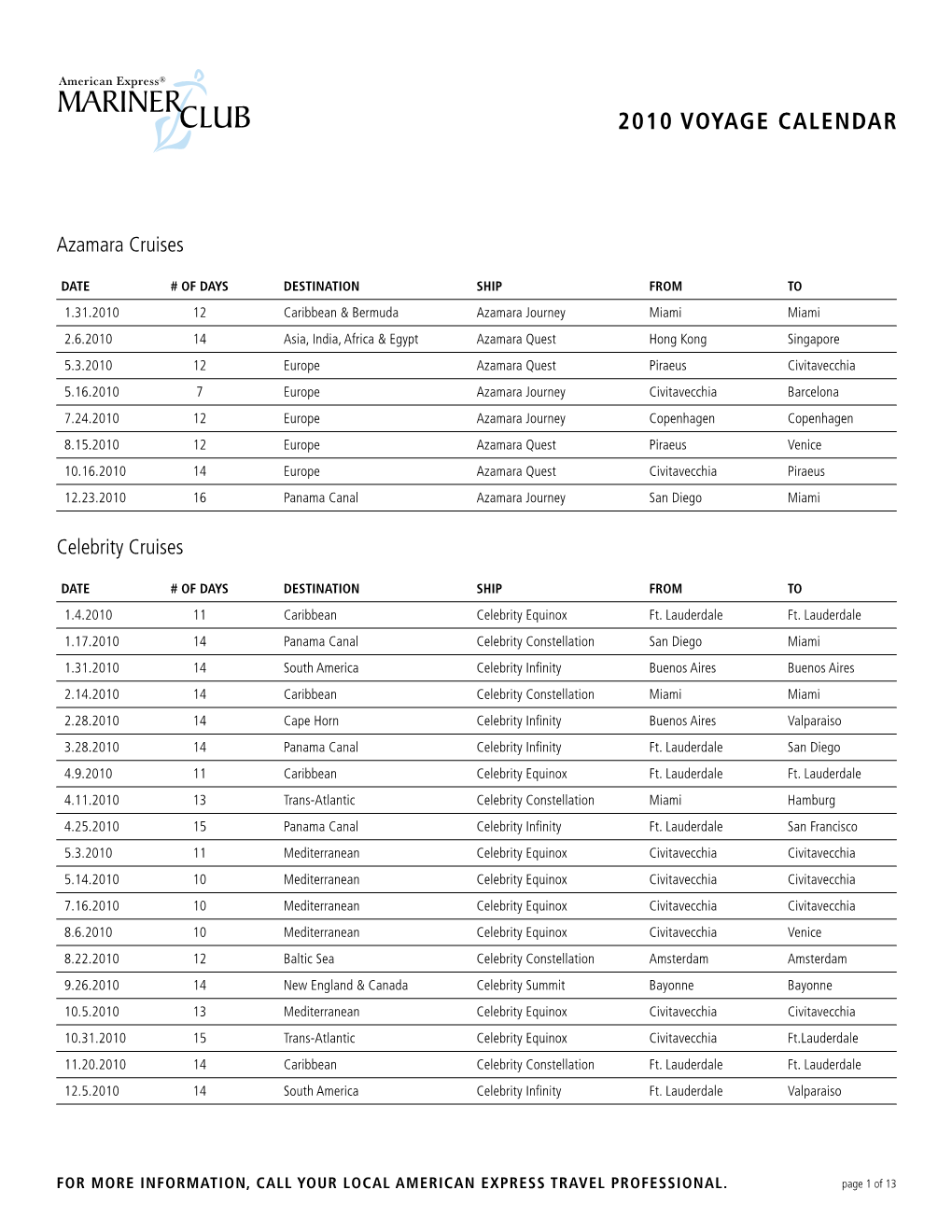 2010 Voyage Calendar