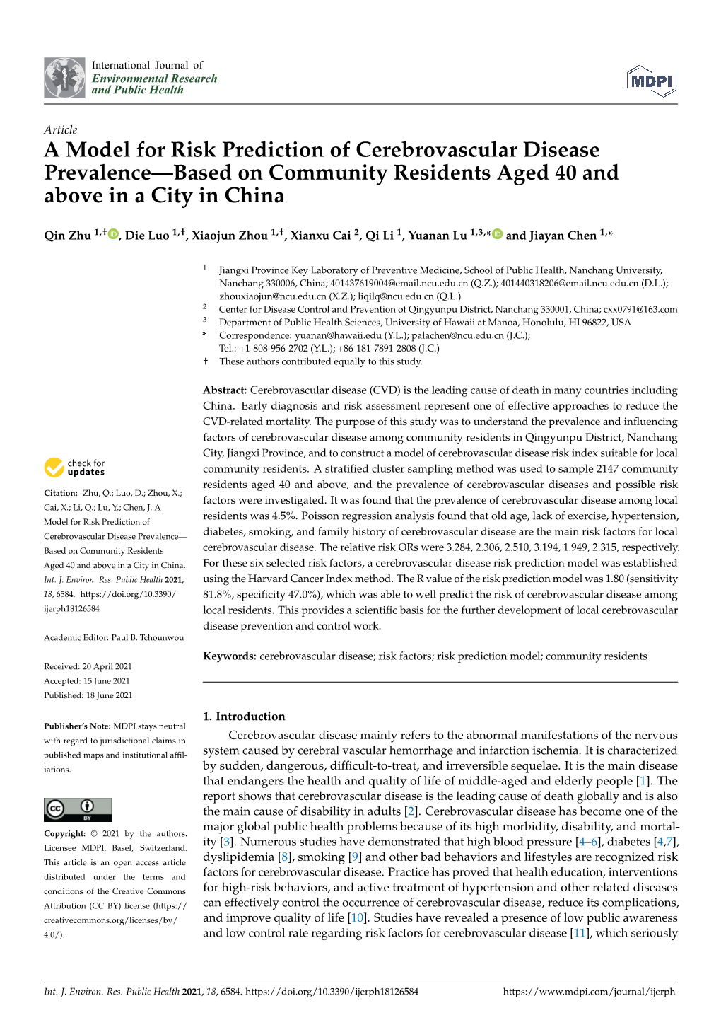 A Model for Risk Prediction of Cerebrovascular Disease Prevalence—Based on Community Residents Aged 40 and Above in a City in China