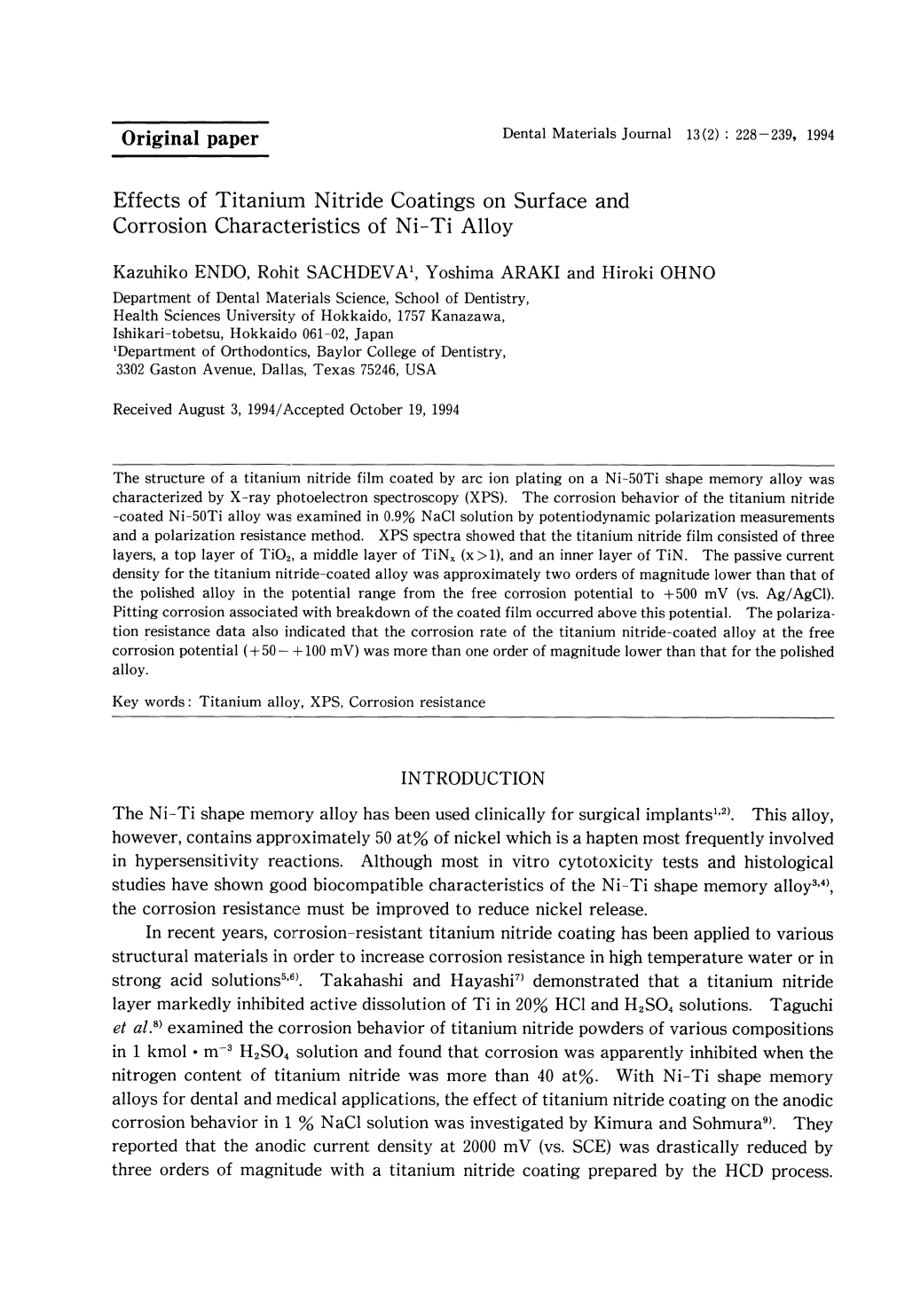 Effects of Titanium Nitride Coatings on Surface and Corrosion Characteristics of Ni-Ti Alloy