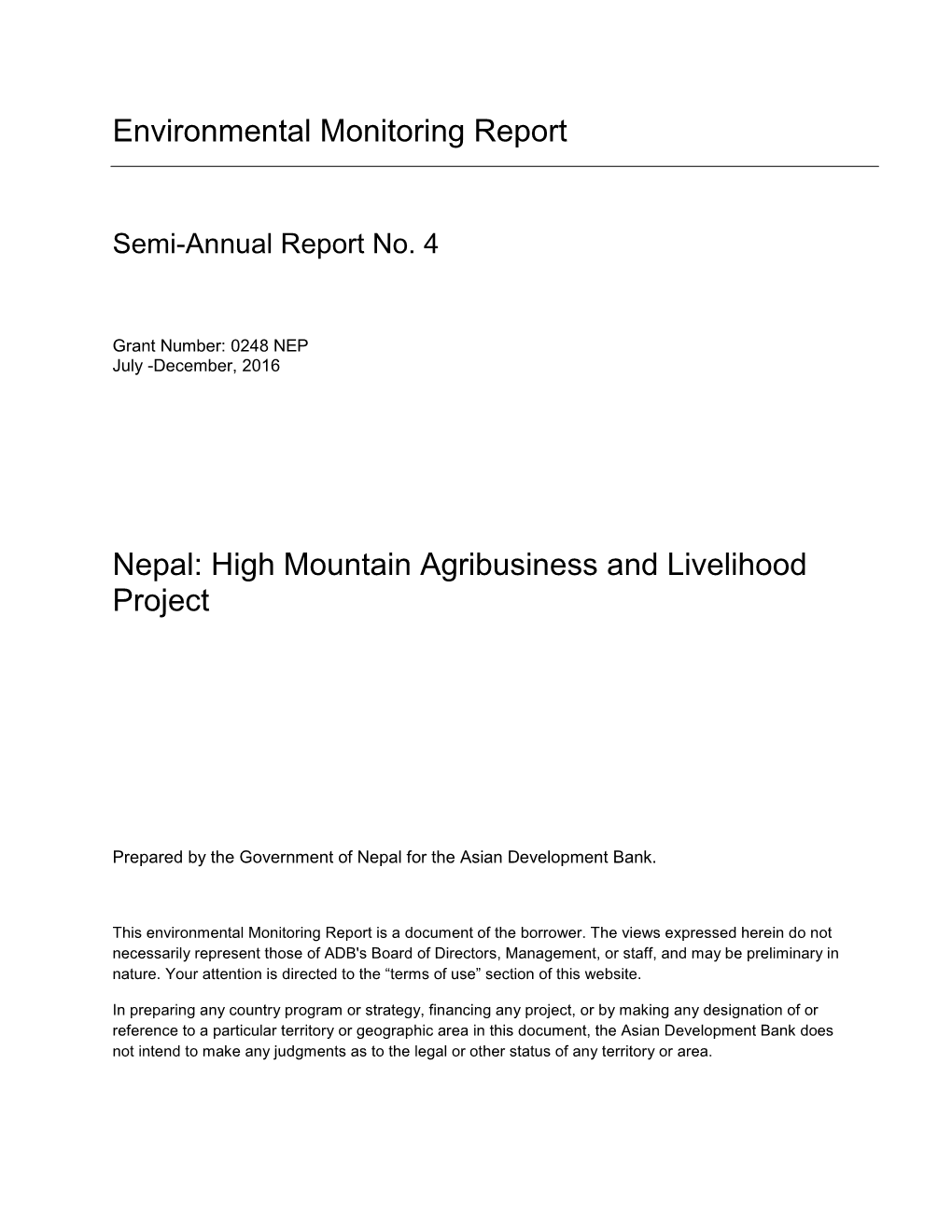 Environmental Monitoring Report Nepal: High Mountain Agribusiness