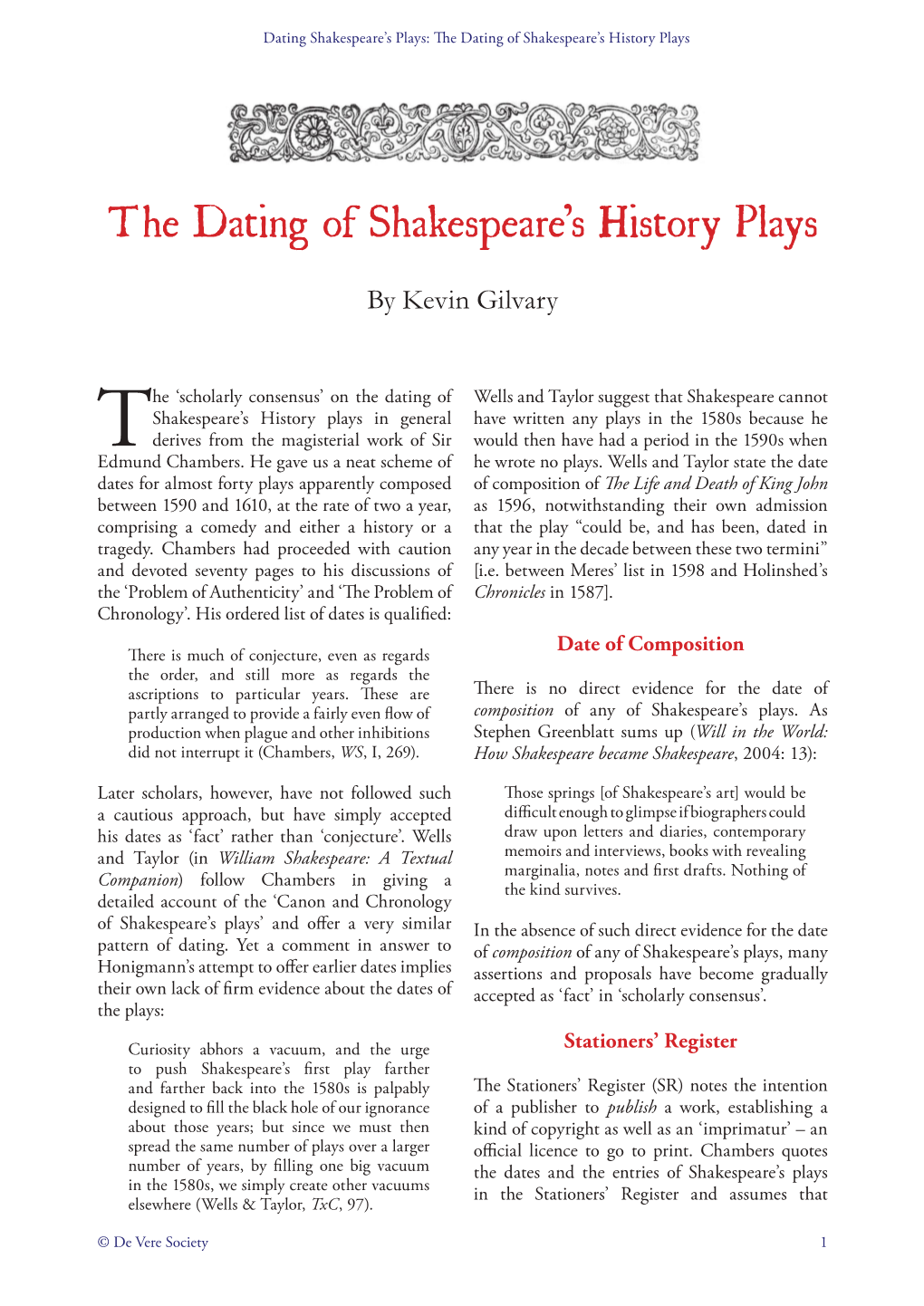 The Dating of Shakespeare's History Plays