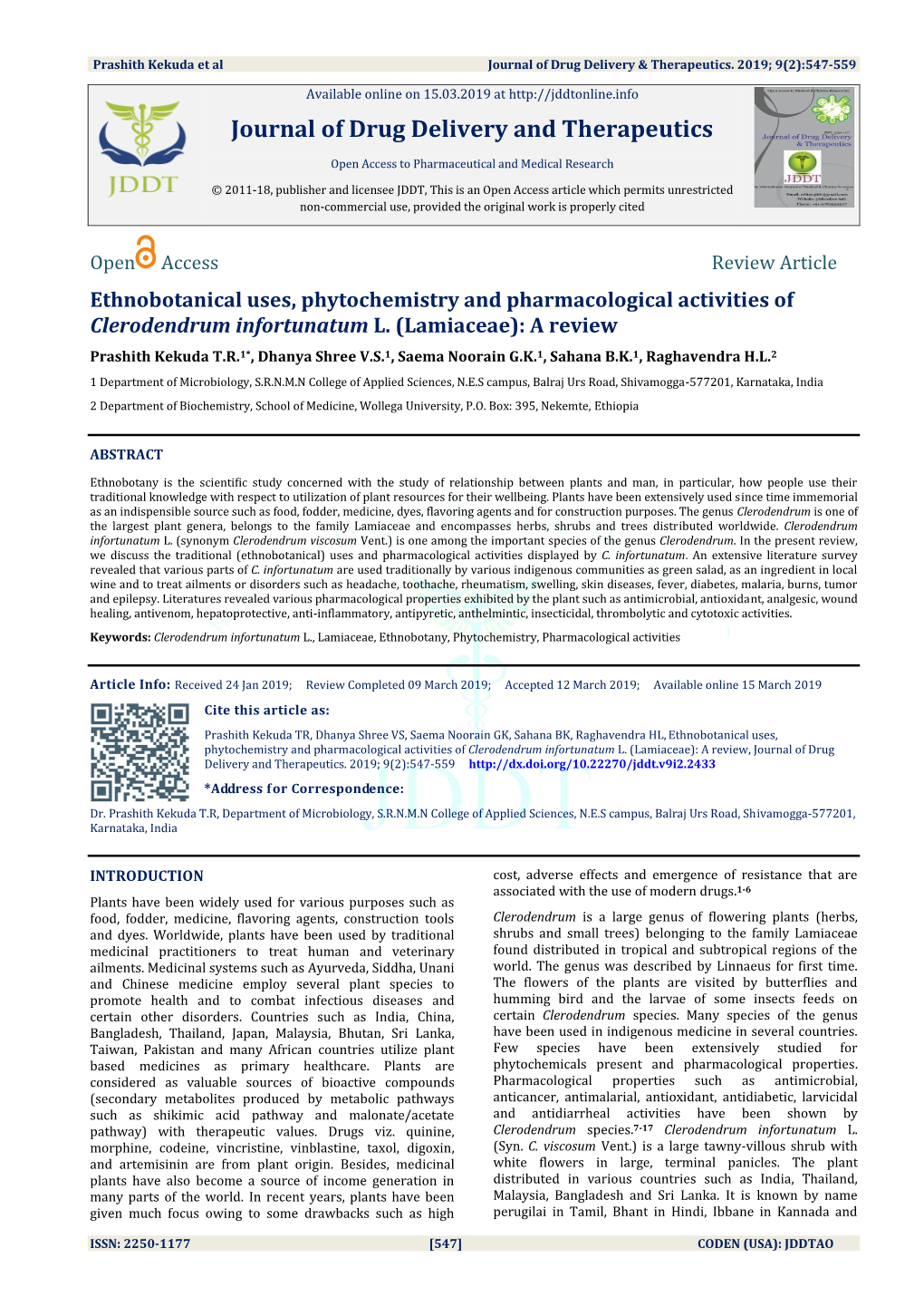 Ethnobotanical Uses, Phytochemistry and Pharmacological Activities of Clerodendrum Infortunatum L