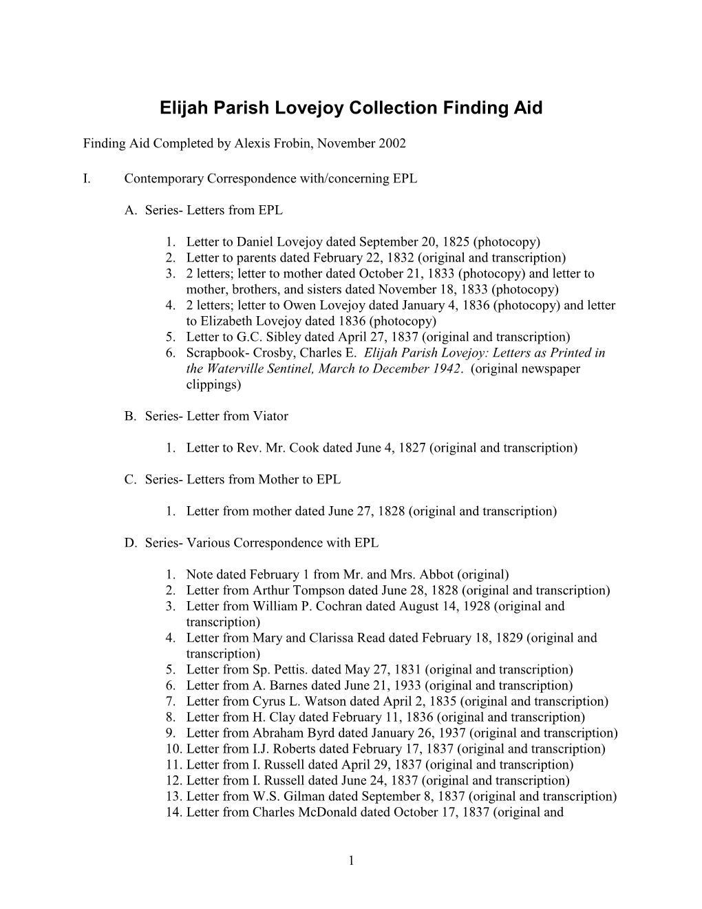 Elijah Parish Lovejoy Collection Finding Aid