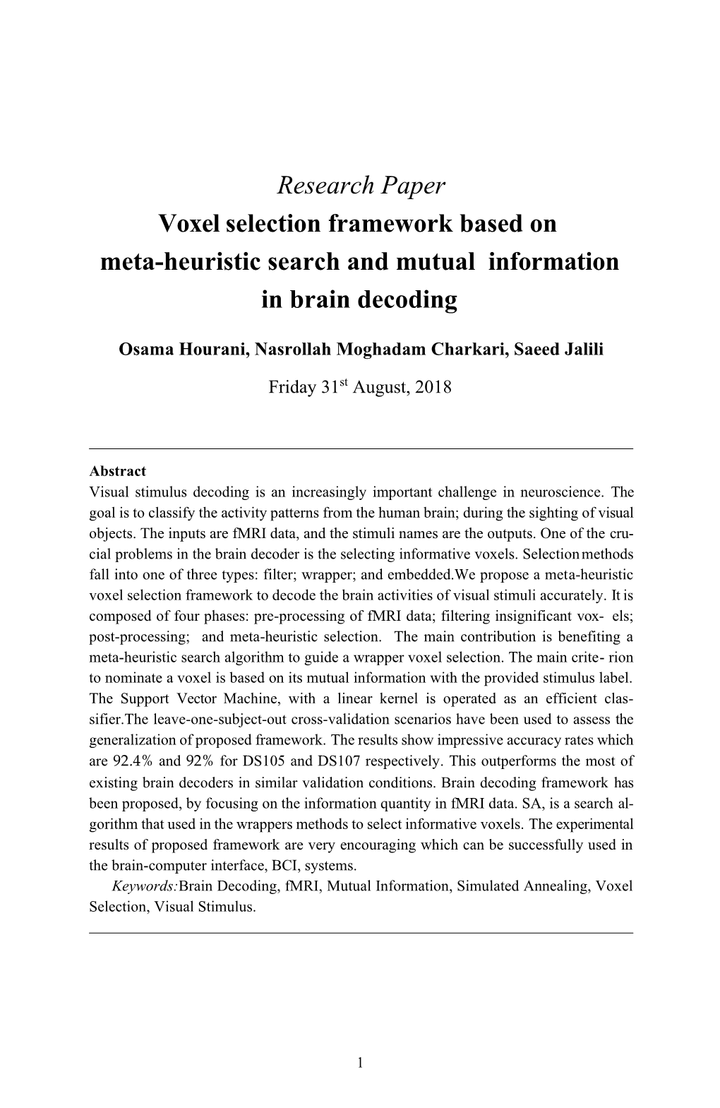 Research Paper Voxel Selection Framework Based on Meta-Heuristic Search and Mutual Information in Brain Decoding