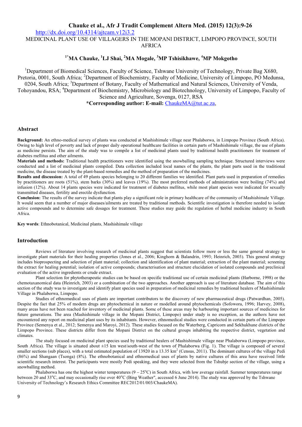 Medicinal Plant Use of Villagers in the Mopani District, Limpopo Province, South Africa