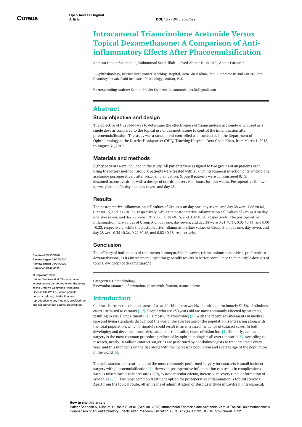 Intracameral Triamcinolone Acetonide Versus Topical Dexamethasone: a Comparison of Anti- Inflammatory Effects After Phacoemulsification