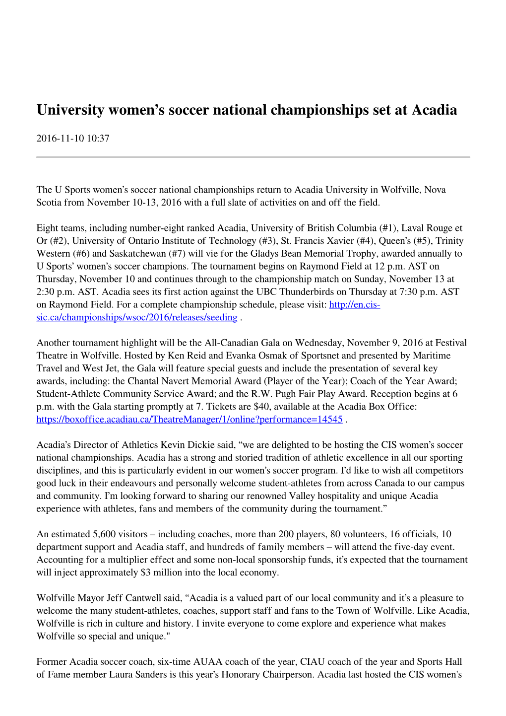 University Women's Soccer National Championships Set at Acadia