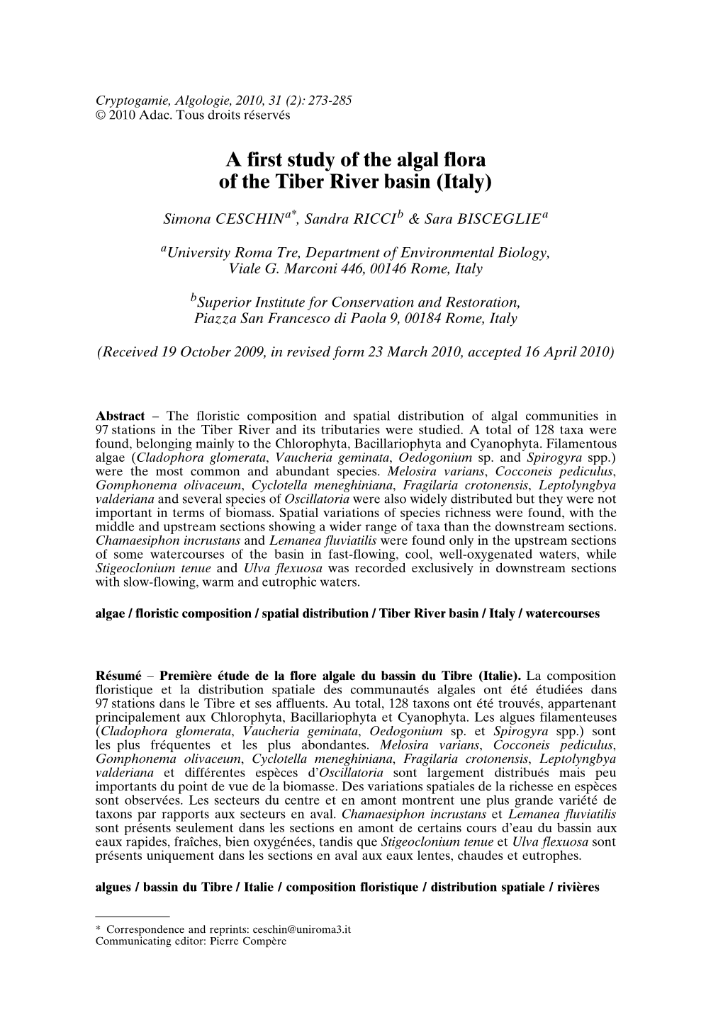 A First Study of the Algal Flora of the Tiber River Basin (Italy)