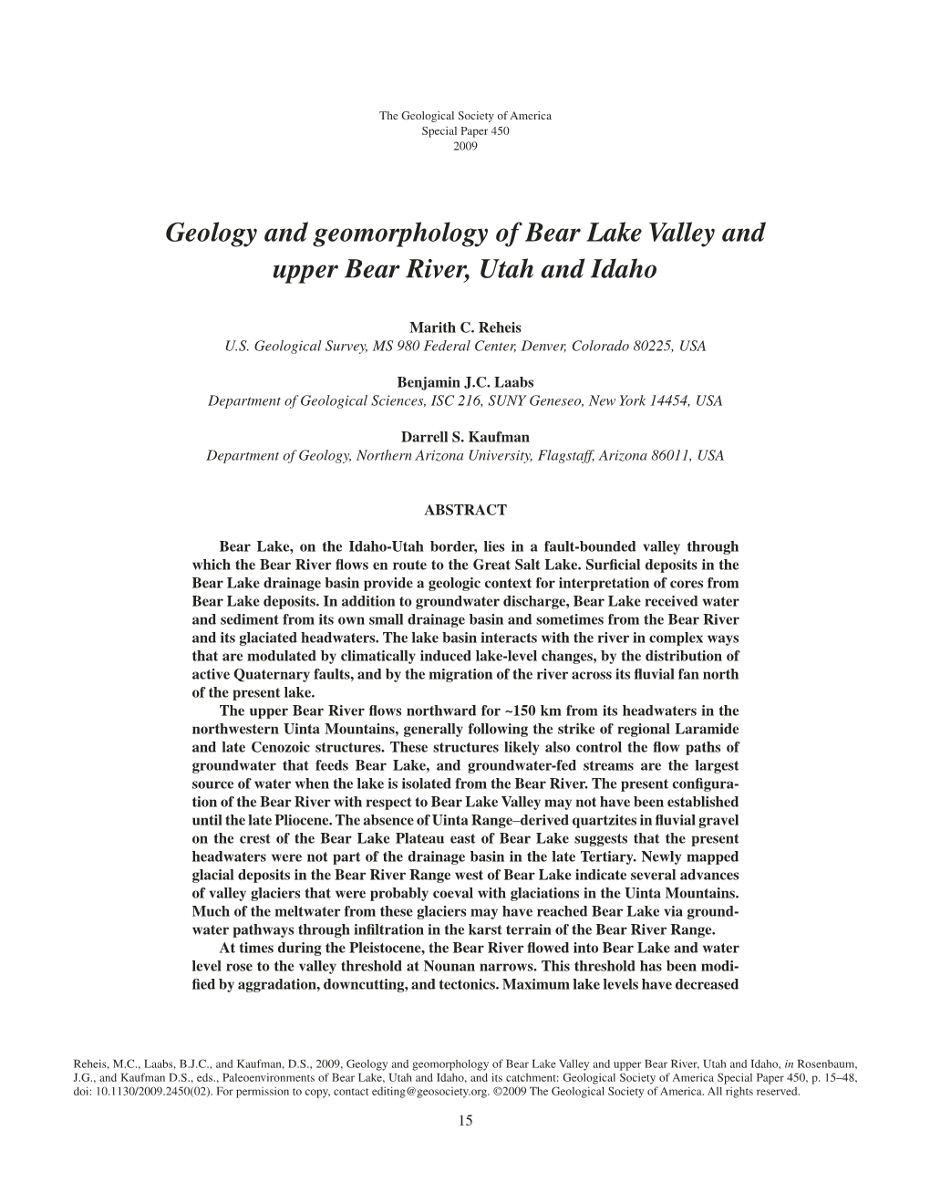 Geology and Geomorphology of Bear Lake Valley and Upper Bear River, Utah and Idaho