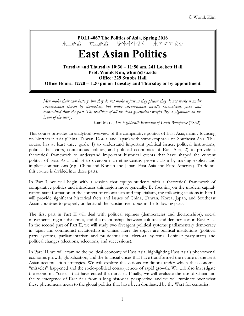 POLI 4067: Comparative Politics of East Asia, Fall 2007