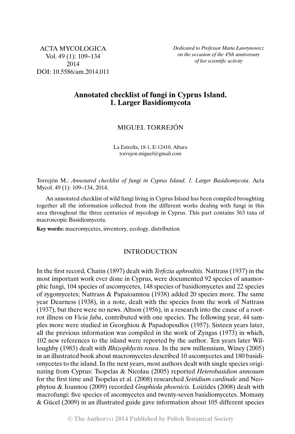 Annotated Checklist of Fungi in Cyprus Island. 1. Larger Basidiomycota