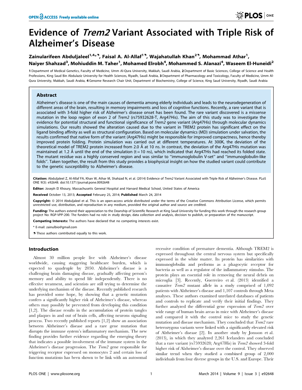 Evidence of Trem2 Variant Associated with Triple Risk of Alzheimer's