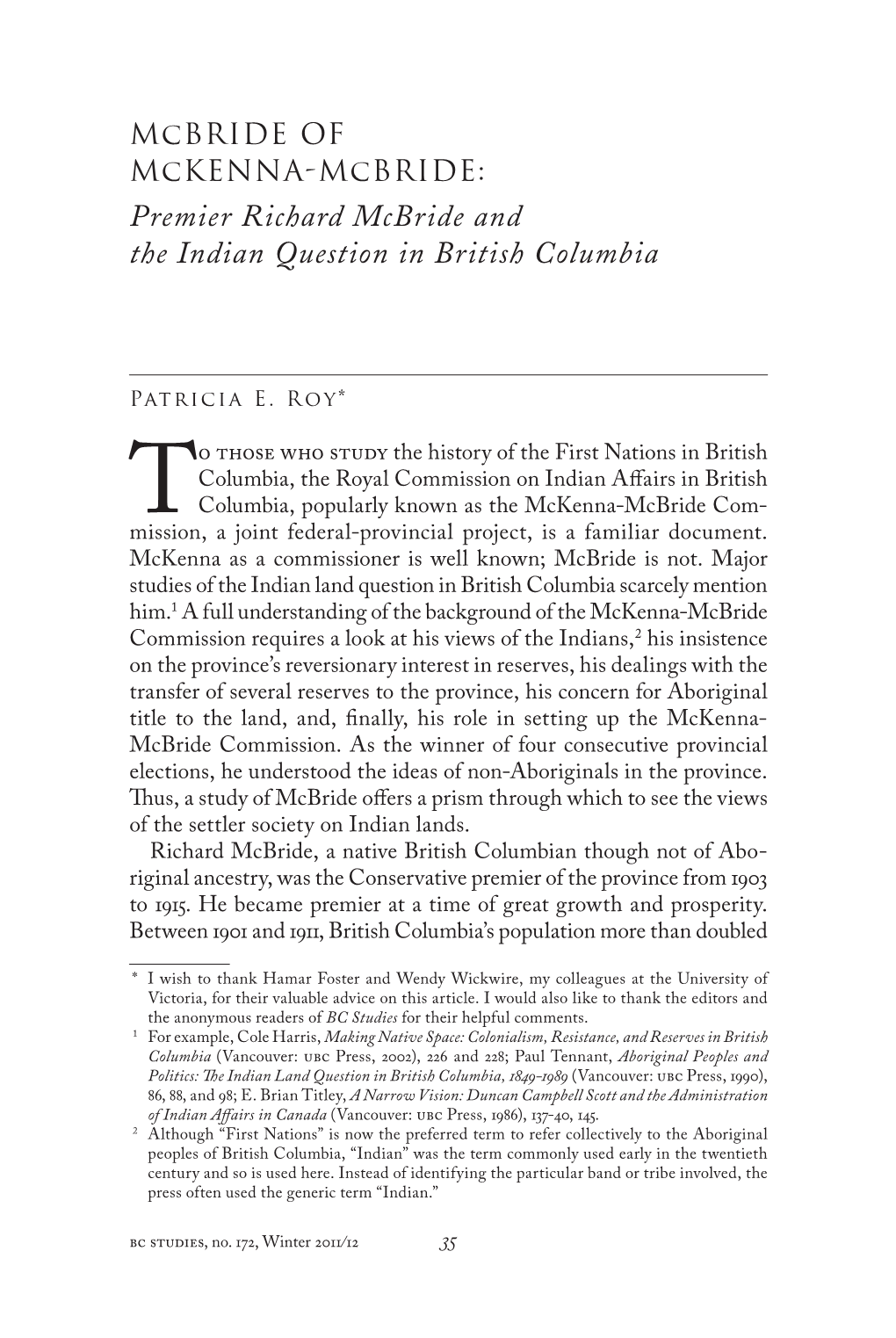 Premier Richard Mcbride and the Indian Question in British Columbia