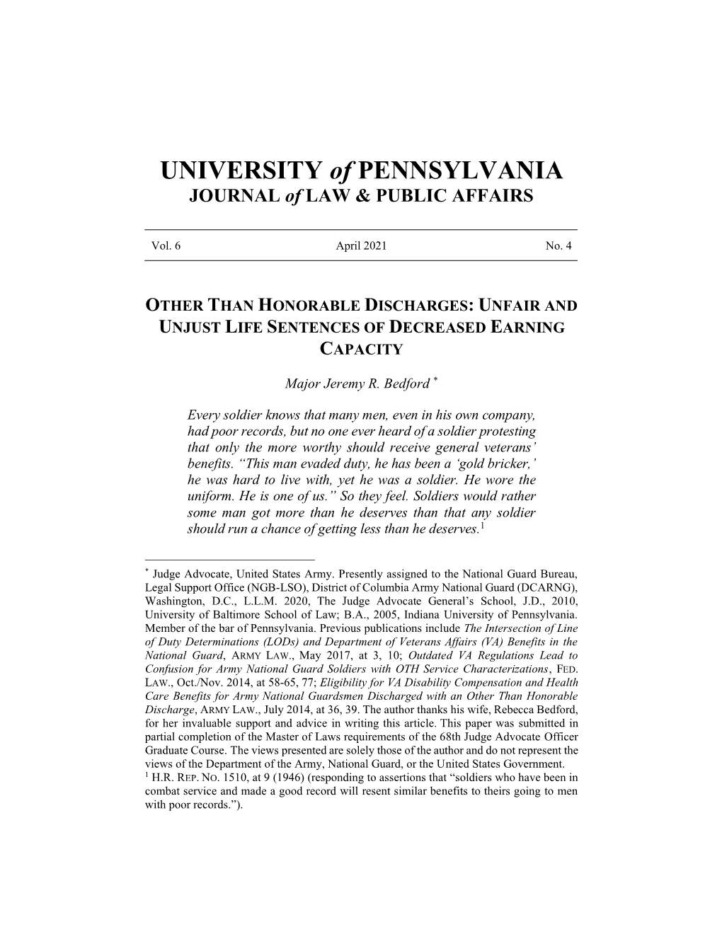 Other Than Honorable Discharges: Unfair and Unjust Life Sentences of Decreased Earning Capacity