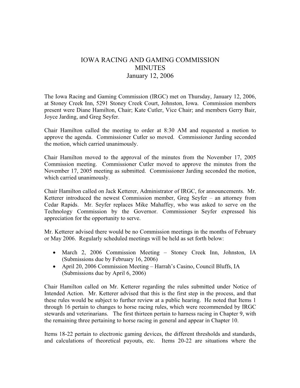 Iowa Racing and Gaming Commission Minutes March 2, 2006