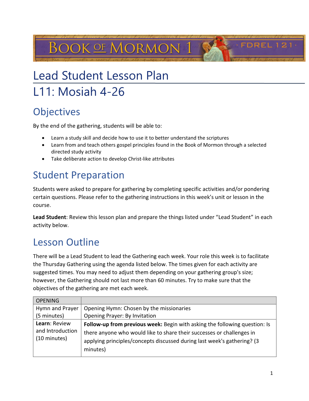 Lead Student Lesson Plan L11: Mosiah 4-26