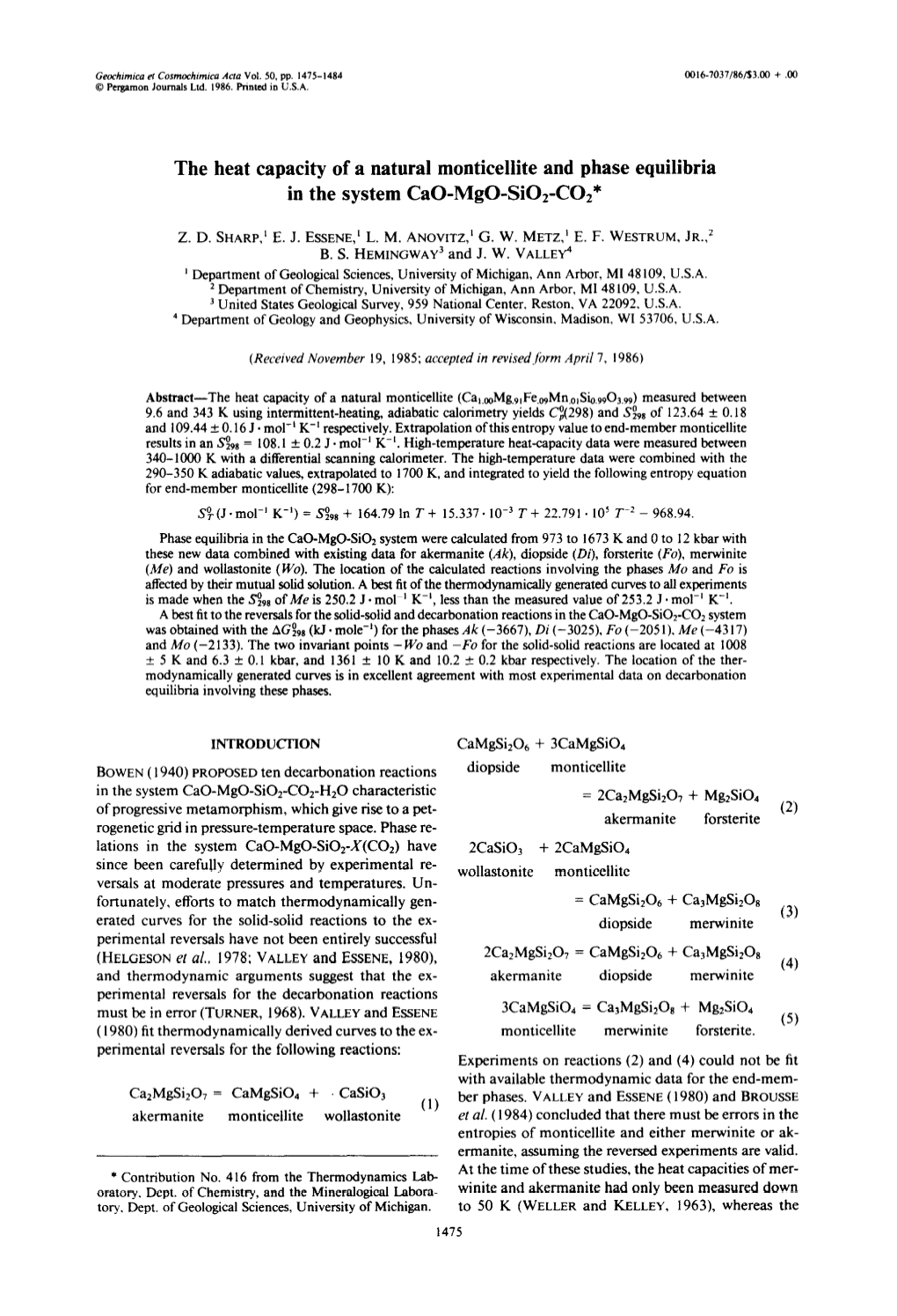 The Heat Capacity of a Natural Monticellite and Phase Equilibria in the System Cao-Mgo-Si02-C02*