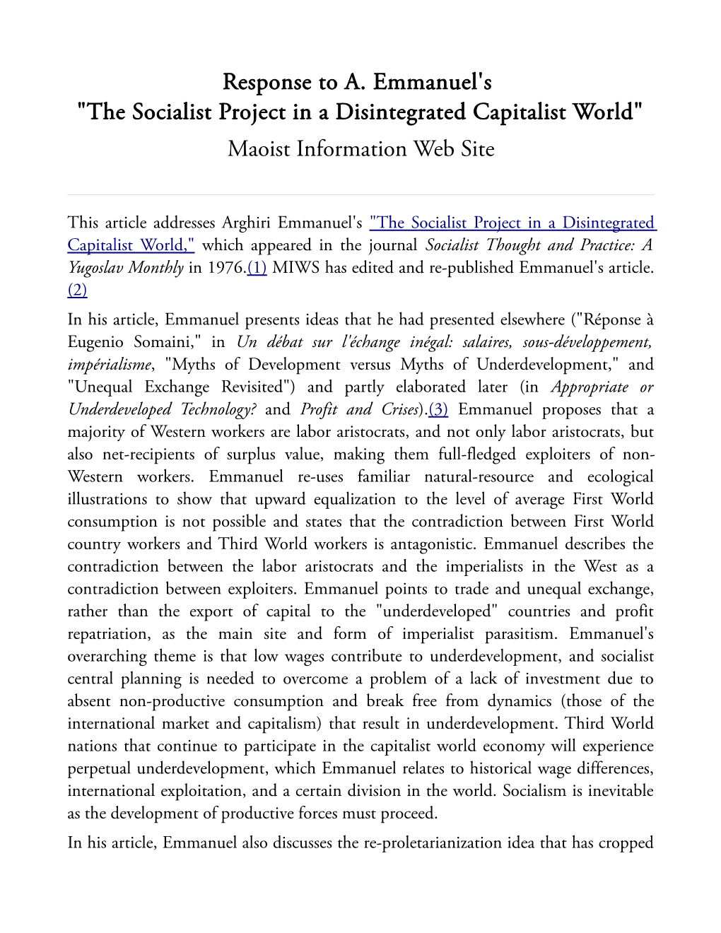 Response to A. Emmanuel's "The Socialist Project in a Disintegrated Capitalist World" Maoist Information Web Site