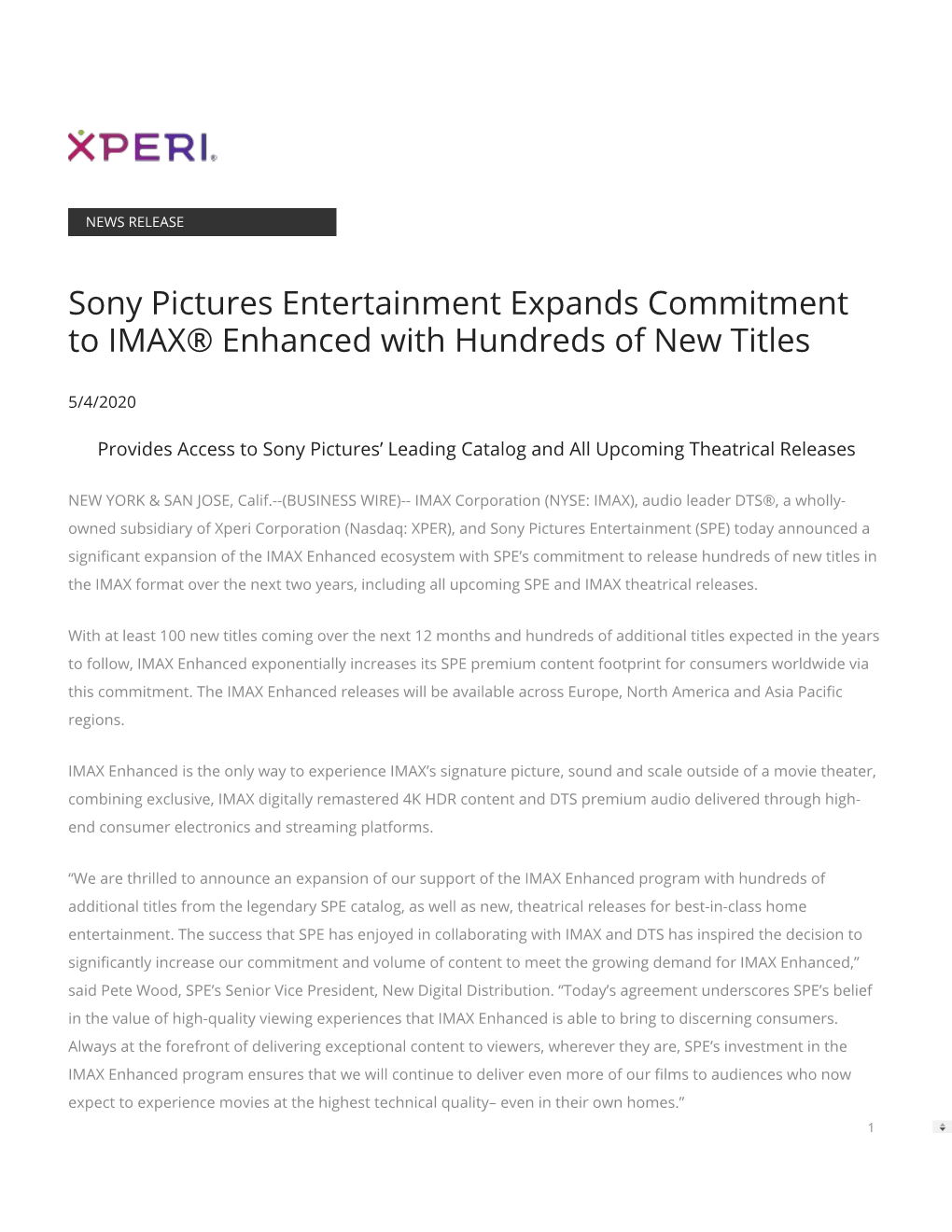 Sony Pictures Entertainment Expands Commitment to IMAX® Enhanced with Hundreds of New Titles