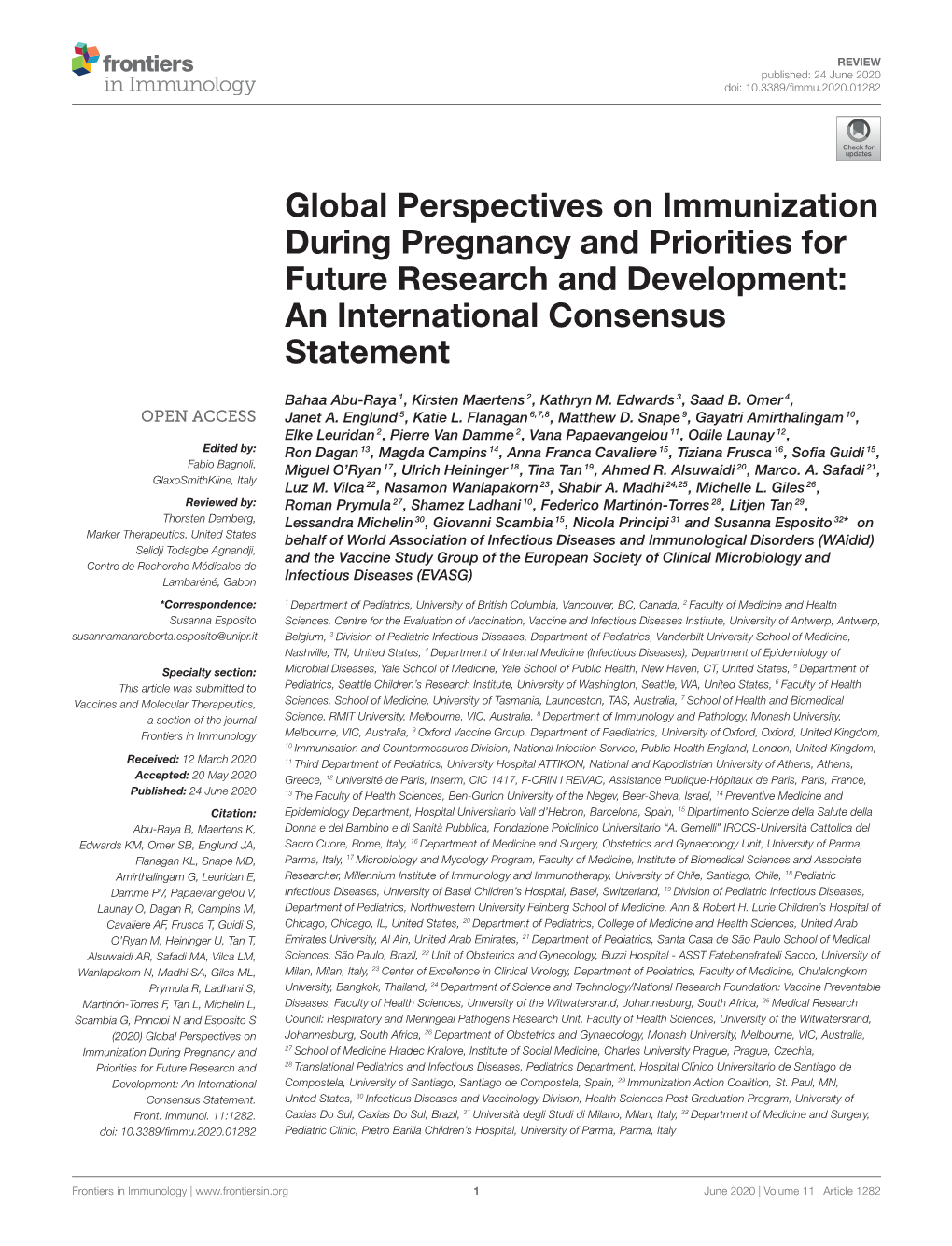 Global Perspectives on Immunization During Pregnancy and Priorities for Future Research and Development: an International Consensus Statement