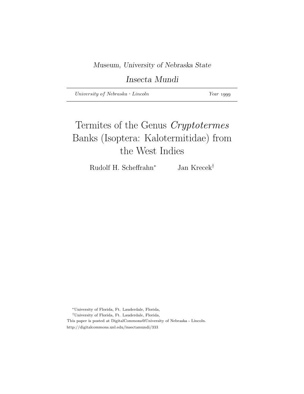 Termites of the Genus Cryptotermes Banks (Isoptera: Kalotermitidae) from the West Indies