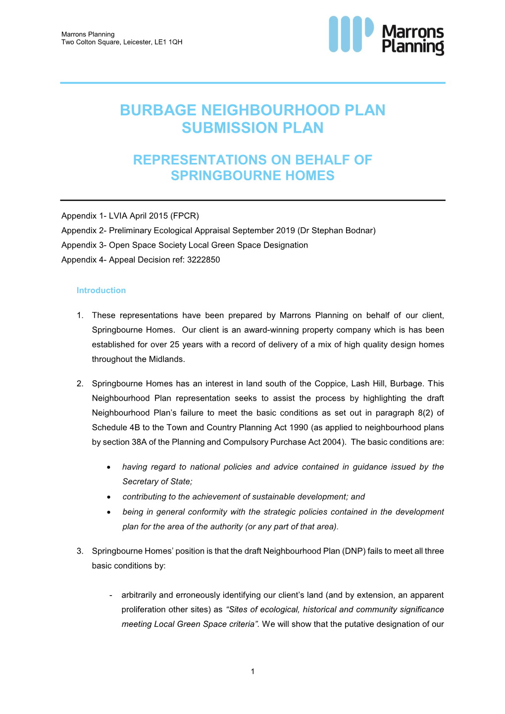 Burbage NDP Reg 16 Response Marrons for Springbourne Homes