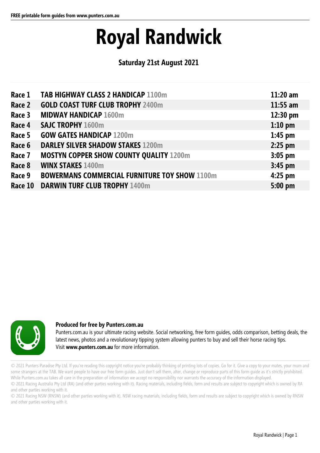 Royal Randwick Printable Form Guide