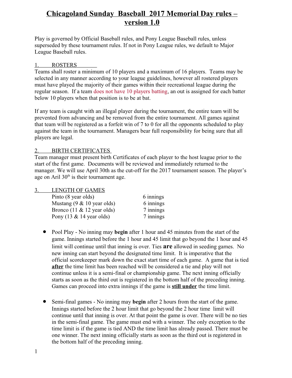 Palos Baseball Organization Invitational Tournament Rules