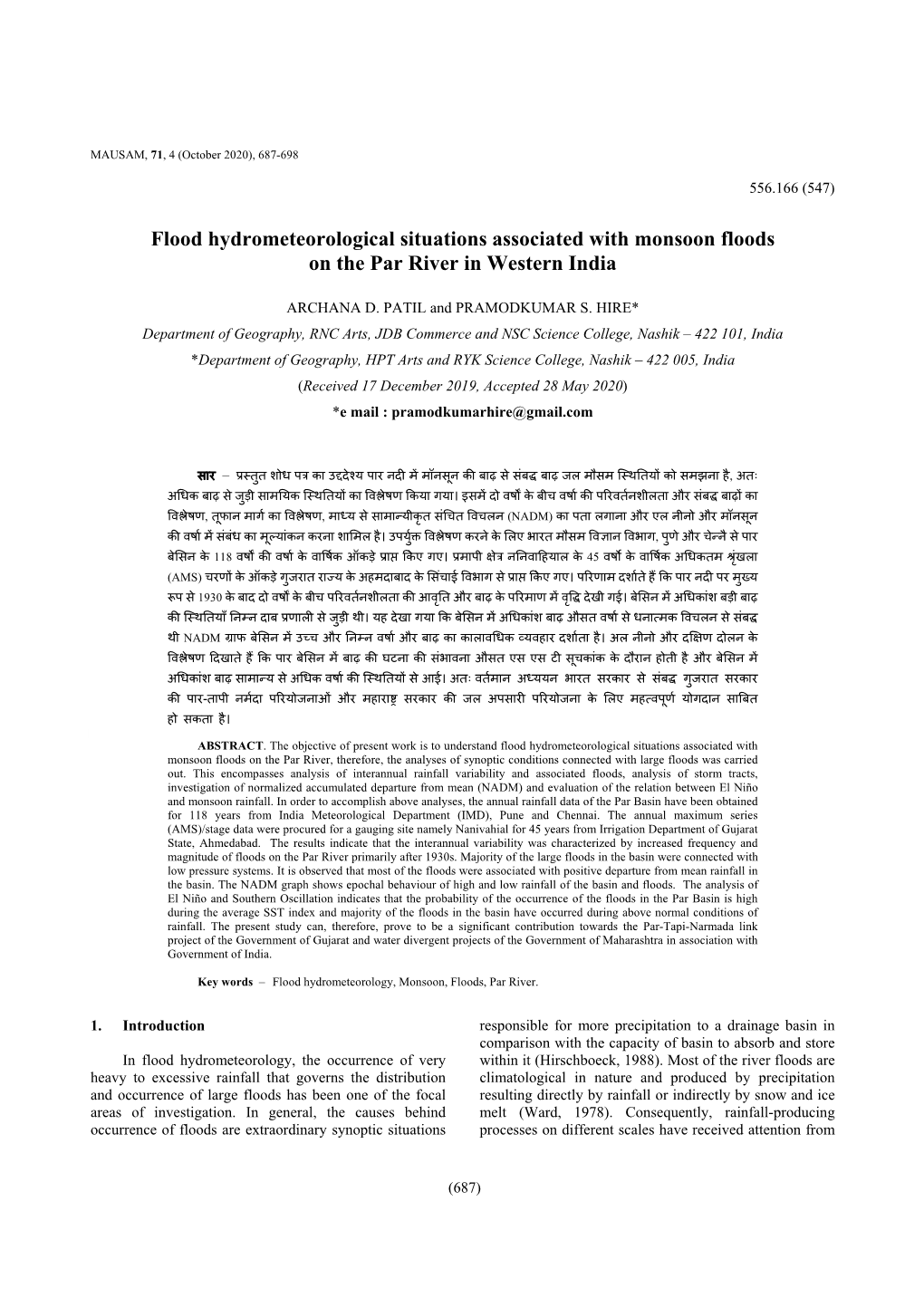 Flood Hydrometeorological Situations Associated with Monsoon Floods on the Par River in Western India