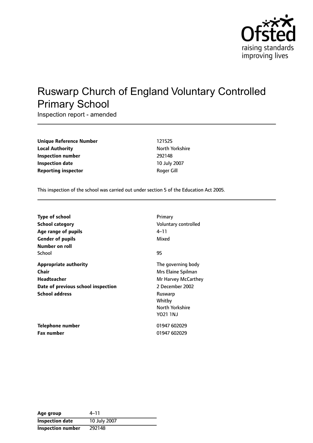 Ruswarp Church of England Voluntary Controlled Primary School Inspection Report - Amended