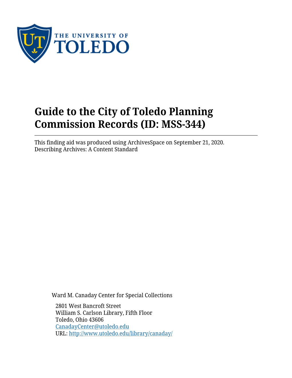 Guide to the City of Toledo Planning Commission Records (ID: MSS-344)
