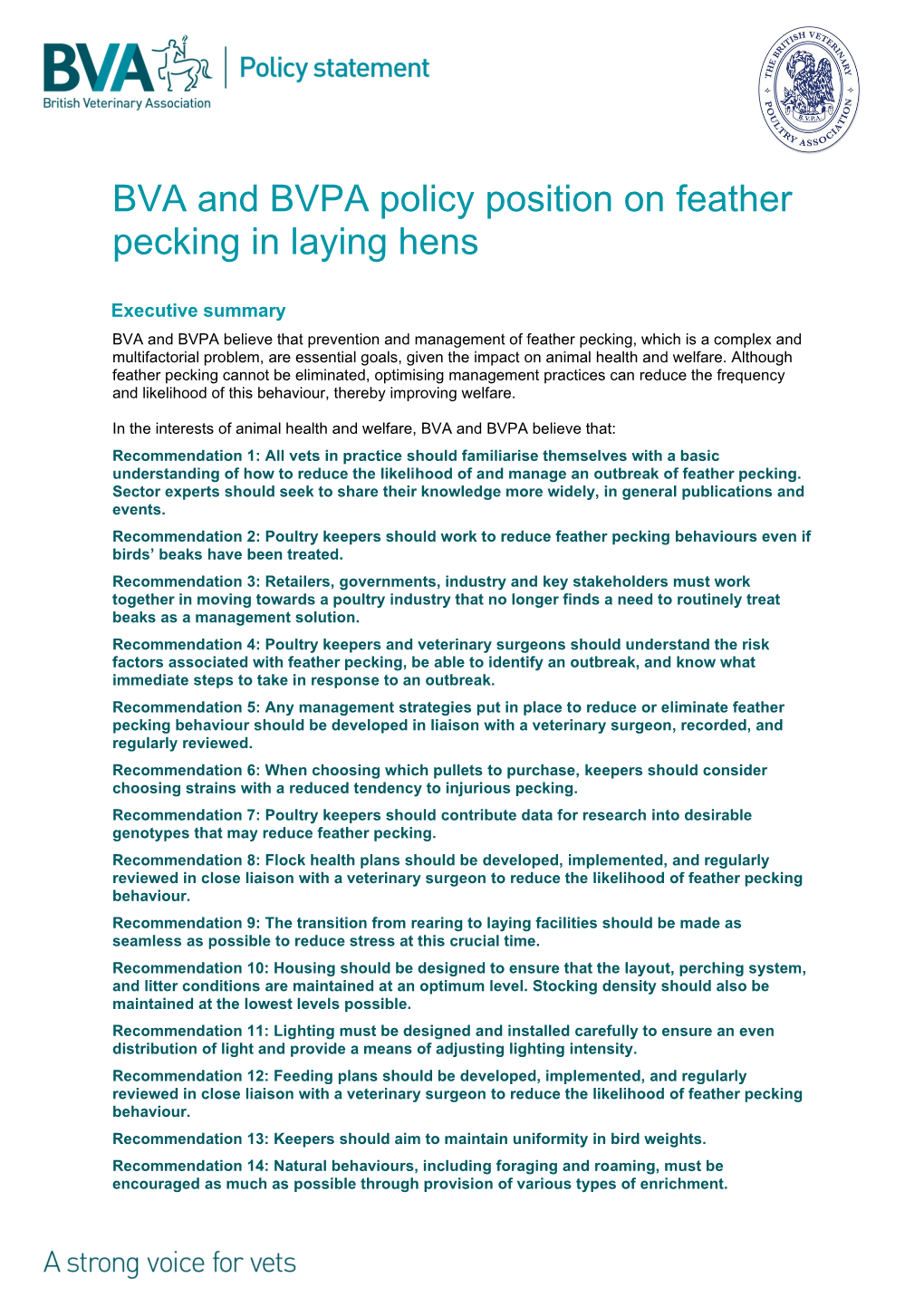 BVA and BVPA Policy Position on Feather Pecking in Laying Hens