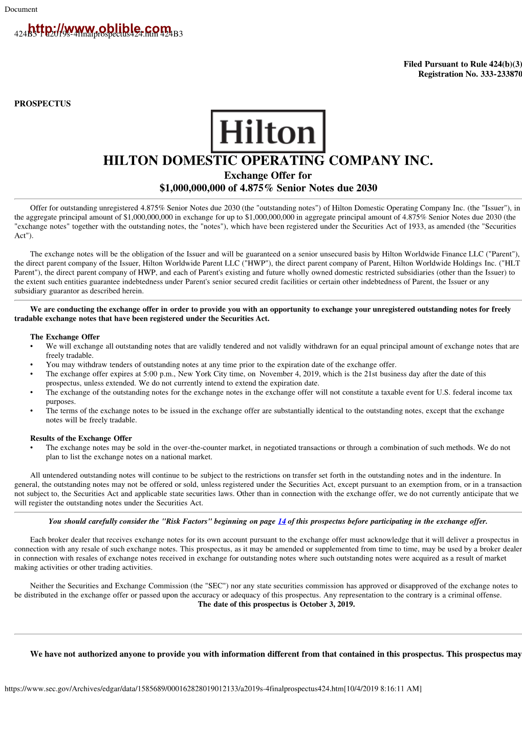 Prospectus Brochure of the Bond Hilton Domestic Operating