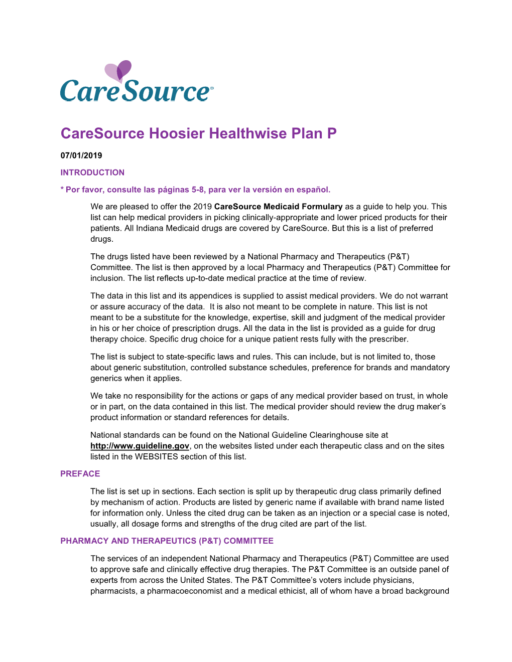 Caresource Hoosier Healthwise Plan P (07/01/2019)