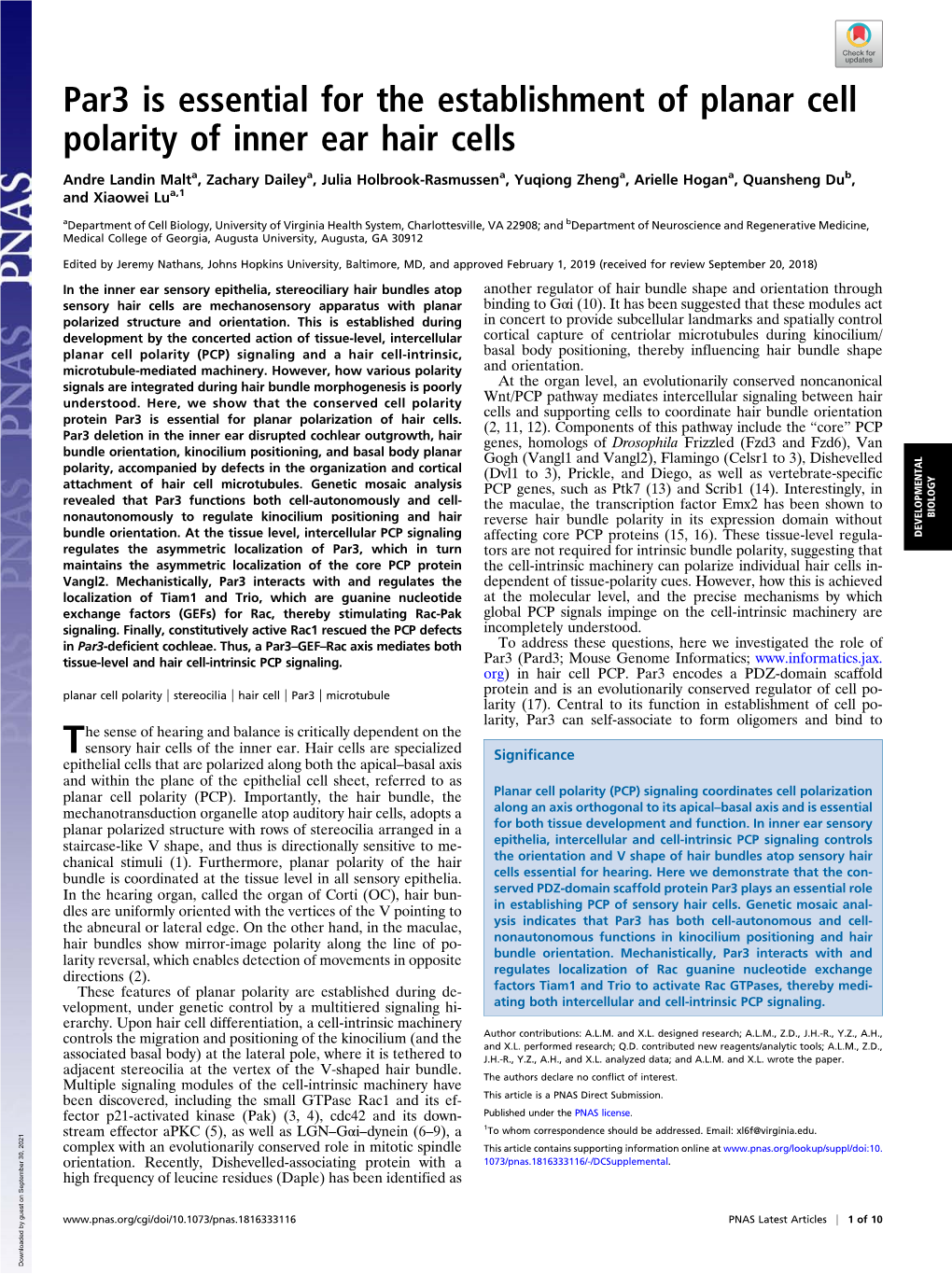 Par3 Is Essential for the Establishment of Planar Cell Polarity of Inner Ear Hair Cells