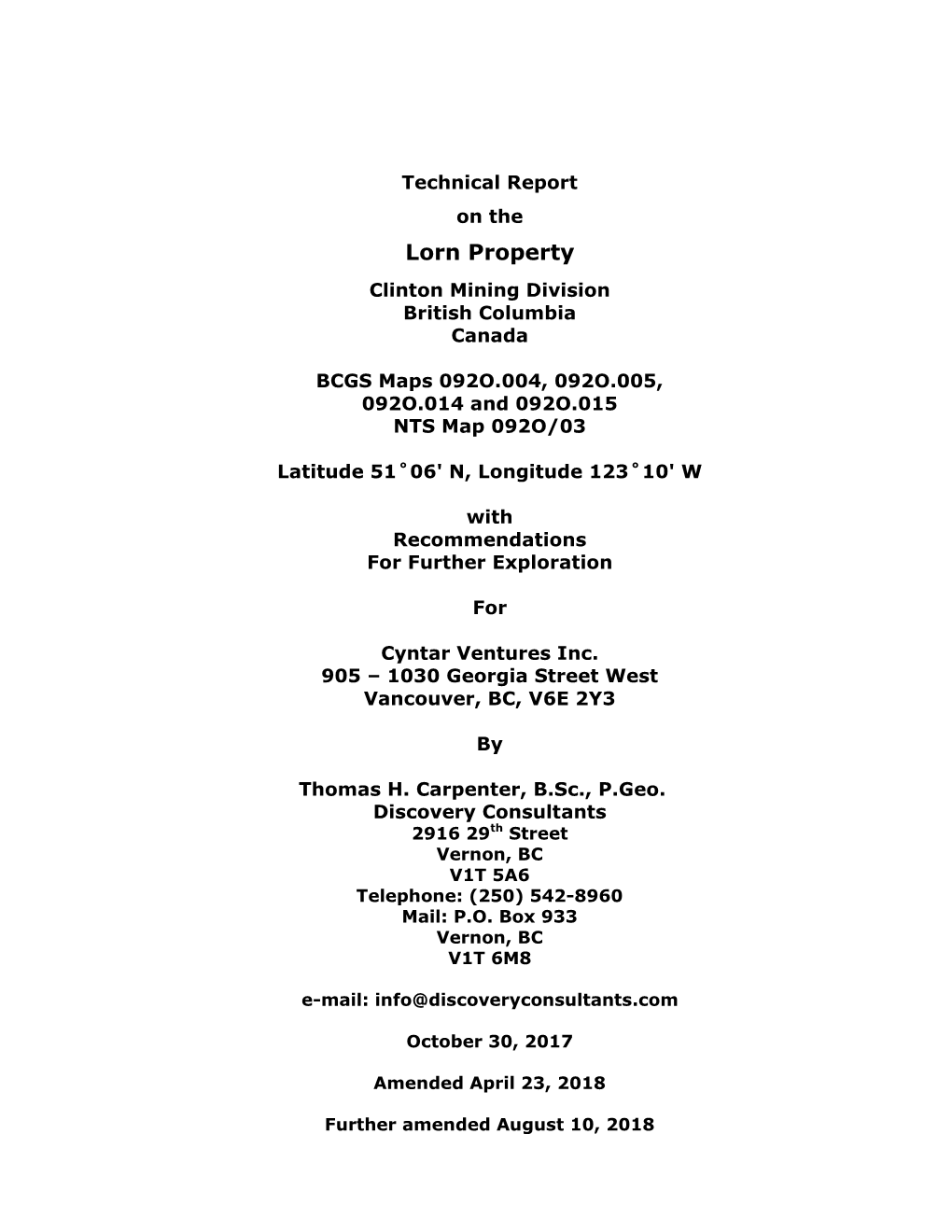 Lorn Property Clinton Mining Division British Columbia Canada