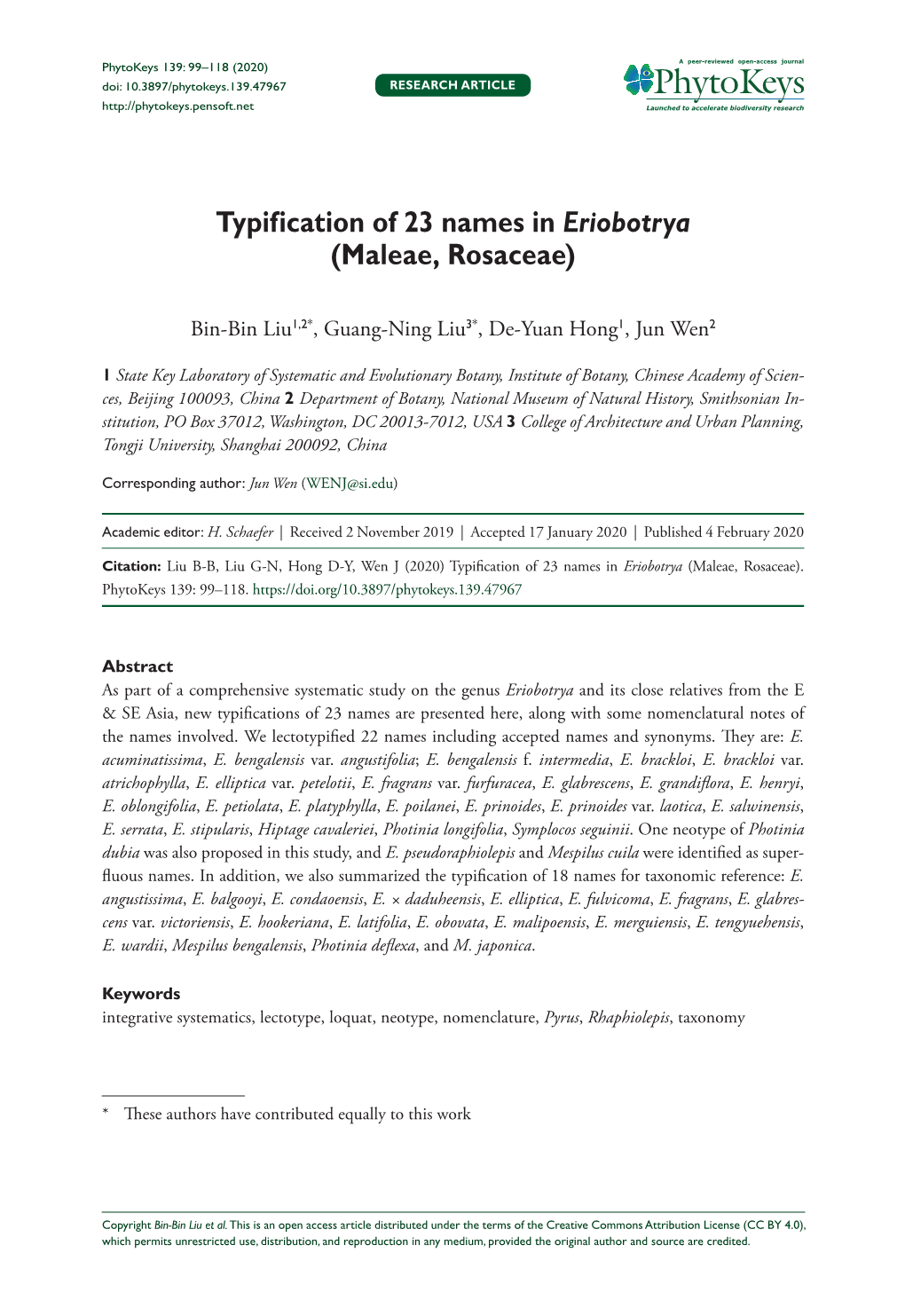 Typification of 23 Names in Eriobotrya (Maleae, Rosaceae)