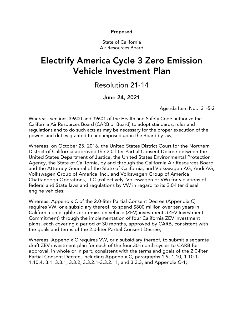Proposed Resolution 21-14 Electrify America Cycle 3 Zero Emision