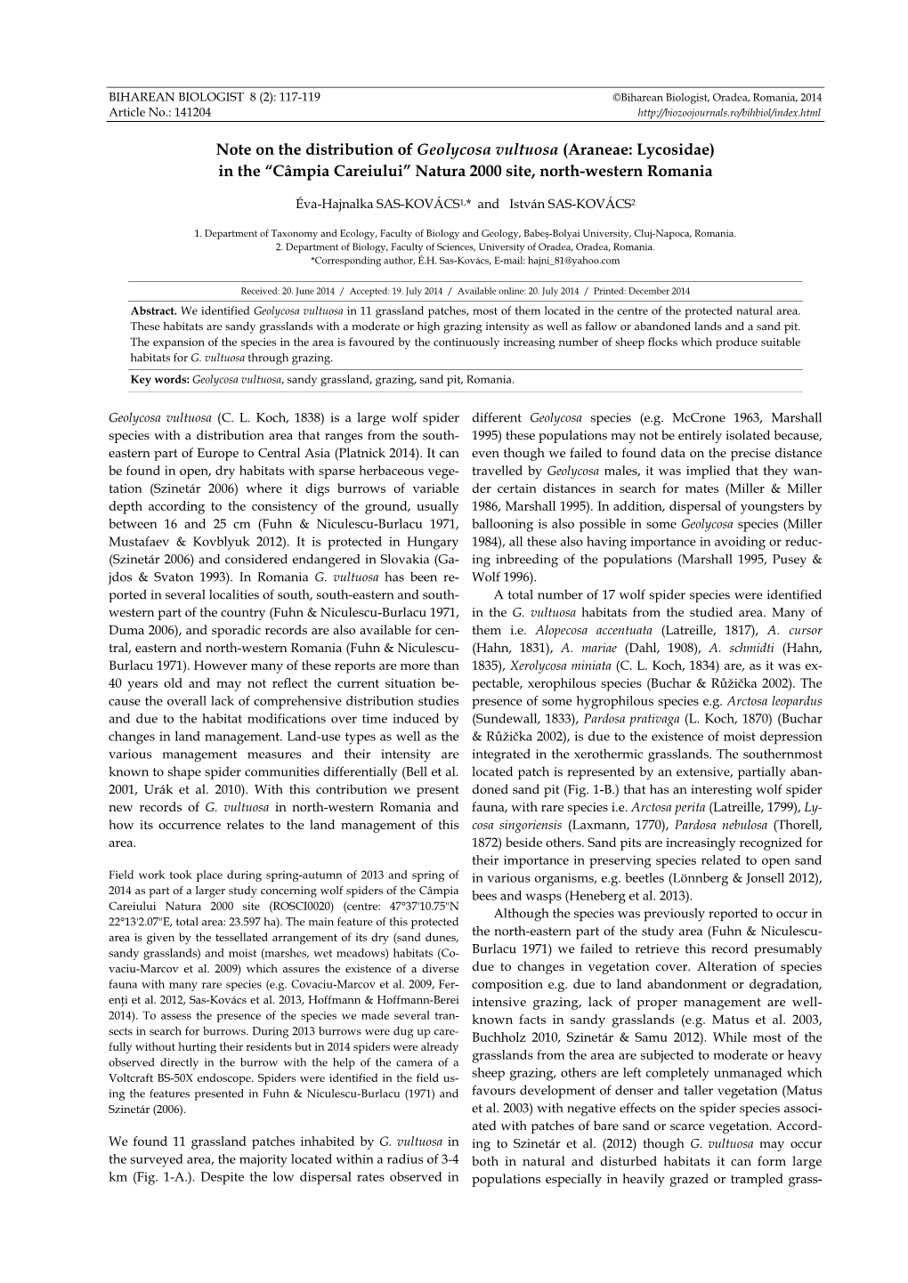 Note on the Distribution of Geolycosa Vultuosa (Araneae: Lycosidae) in the “Câmpia Careiului” Natura 2000 Site, North-Western Romania