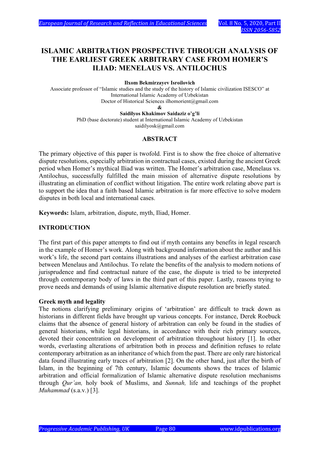 Islamic Arbitration Prospective Through Analysis of the Earliest Greek Arbitrary Case from Homer’S Iliad: Menelaus Vs