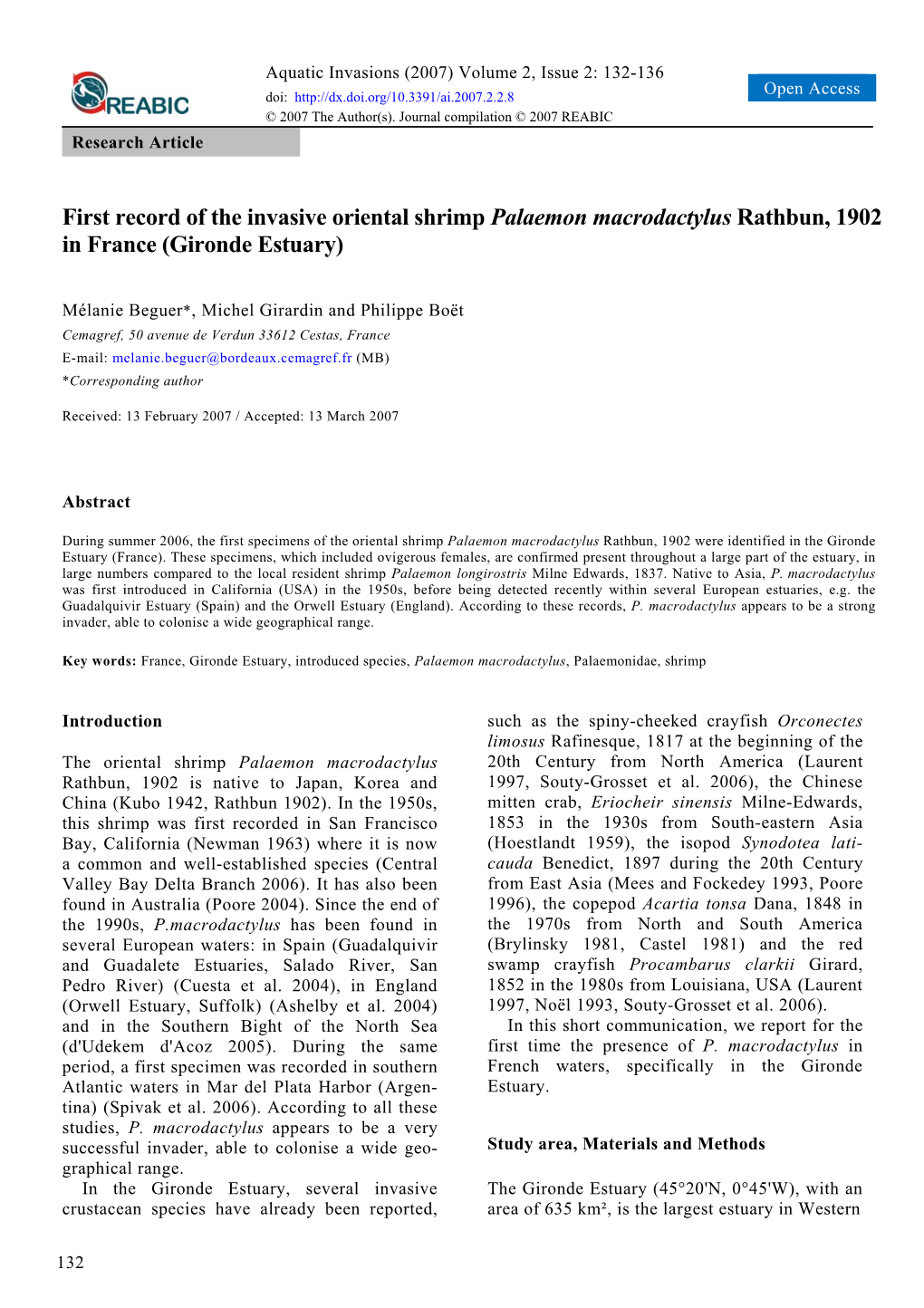 First Record of the Invasive Oriental Shrimp Palaemon Macrodactylus Rathbun, 1902 in France (Gironde Estuary)