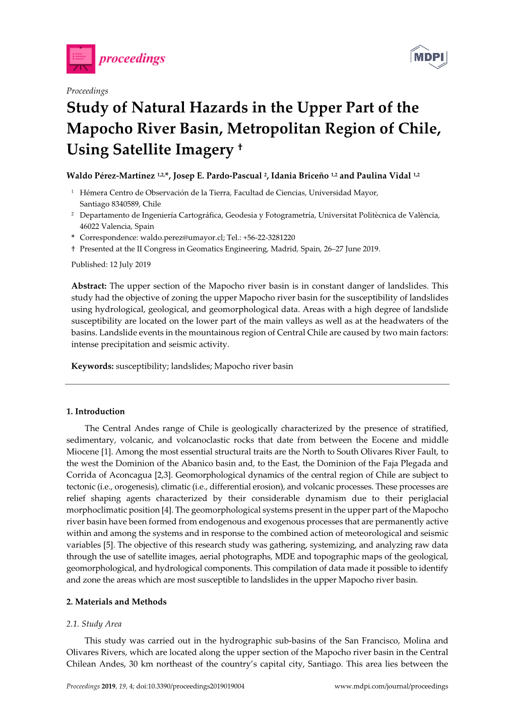 Study of Natural Hazards in the Upper Part of the Mapocho River Basin, Metropolitan Region of Chile, Using Satellite Imagery †