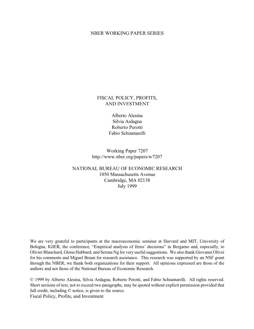 Nber Working Paper Series Fiscal Policy, Profits, And