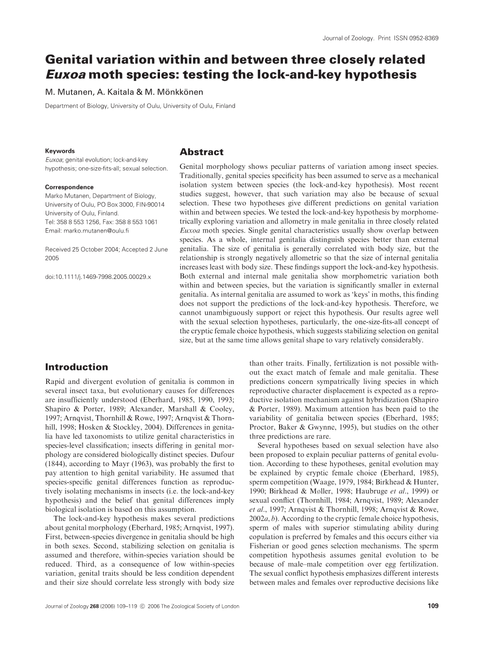 Genital Variation Within and Between Three Closely Related Euxoa Moth Species: Testing the Lock-And-Key Hypothesis M