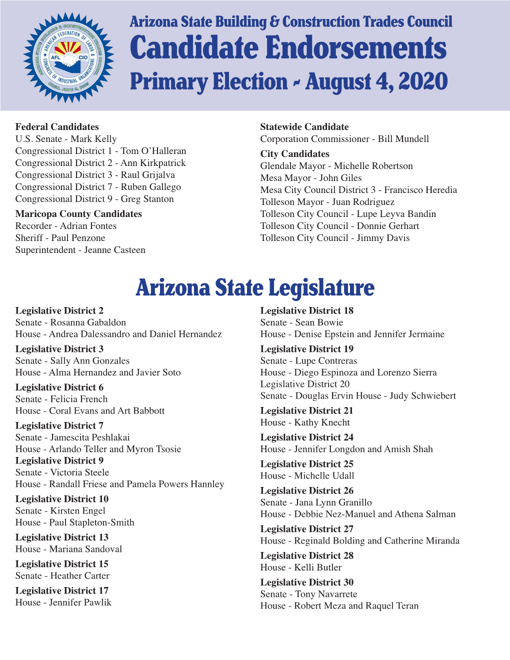 Candidate Endorsements Primary Election - August 4, 2020